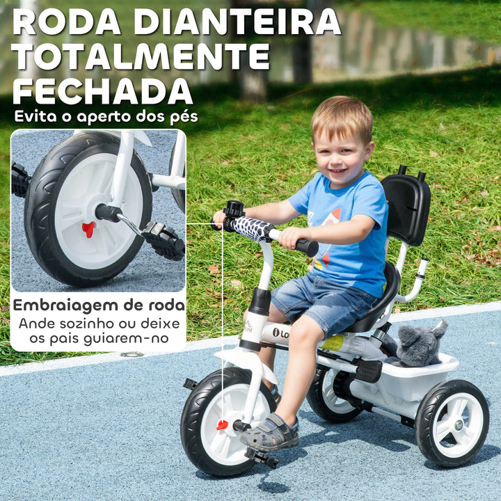 Triciclo para Bebês 2 em 1 Triciclo Evolutivo para Crianças de +12 Meses com Toldo Dobrável Guiador Telescópico e Removível Assento Ajustável Cesto e Suporte para Garrafa Branco