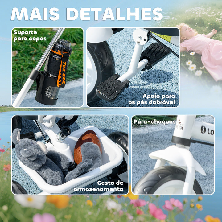 Triciclo para Bebês 2 em 1 Triciclo Evolutivo para Crianças de +12 Meses com Toldo Dobrável Guiador Telescópico e Removível Assento Ajustável Cesto e Suporte para Garrafa Branco