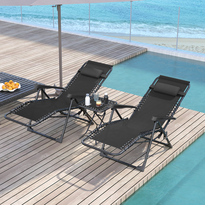 Conjunto de 2 Espreguiçadeiras Jardim Exterior Dobráveis com Mesa Auxiliar Suportes para Copos Espreguiçadeiras de Gravidade Zero com Encosto Ajustável Apoios de Braços Removíveis para Pátio Piscina Terraço Exterior Preto
