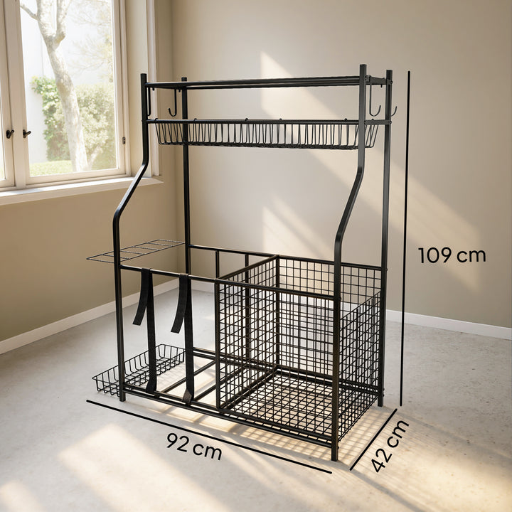 Organizador de Equipamentos Desportivos Armazenamento de Bolas para Garagem com Cesta Ganchos Removíveis e Faixas Elásticas Suporte para Bolas de Basquetebol Futebol para Casa Ginásio 92x42x109 cm Preto