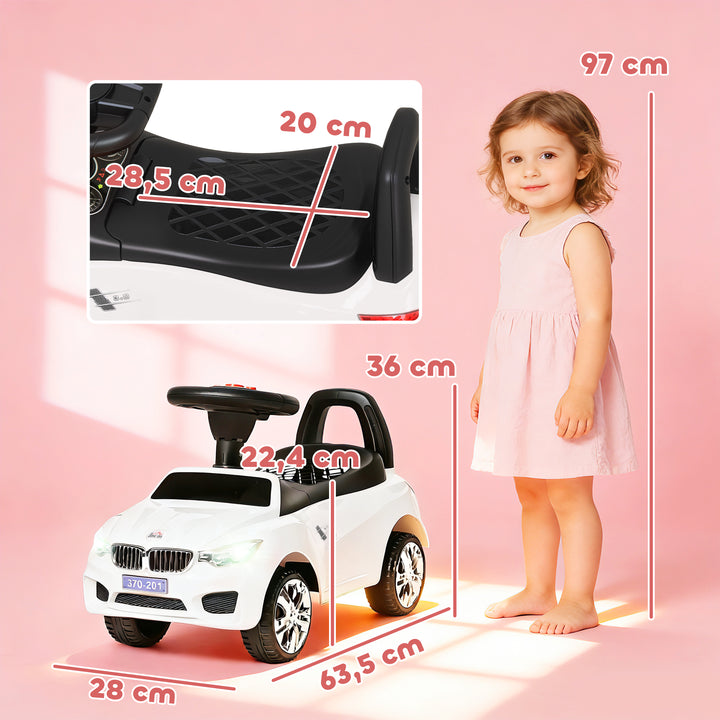 Carro Andador para Crianças de 18-36 Meses com Faróis Música Buzina Volante Compartimento de Armazenamento e Alça para Empurrar 63,5x28x36 Branco