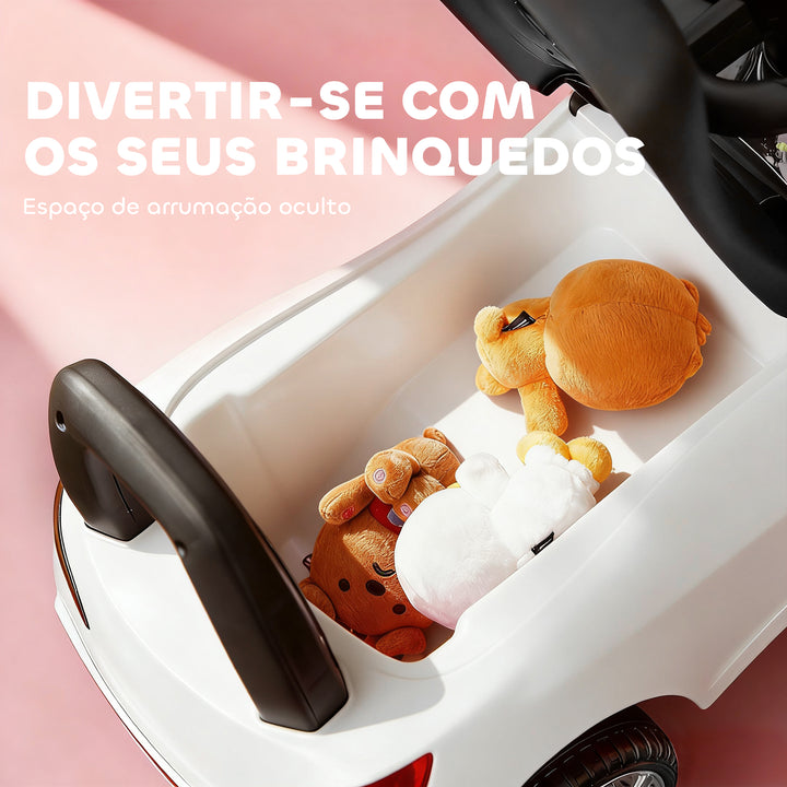 Carro Andador para Crianças de 18-36 Meses com Faróis Música Buzina Volante Compartimento de Armazenamento e Alça para Empurrar 63,5x28x36 Branco