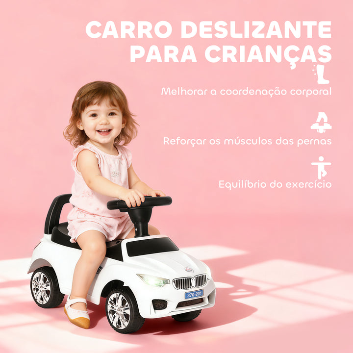 Carro Andador para Crianças de 18-36 Meses com Faróis Música Buzina Volante Compartimento de Armazenamento e Alça para Empurrar 63,5x28x36 Branco