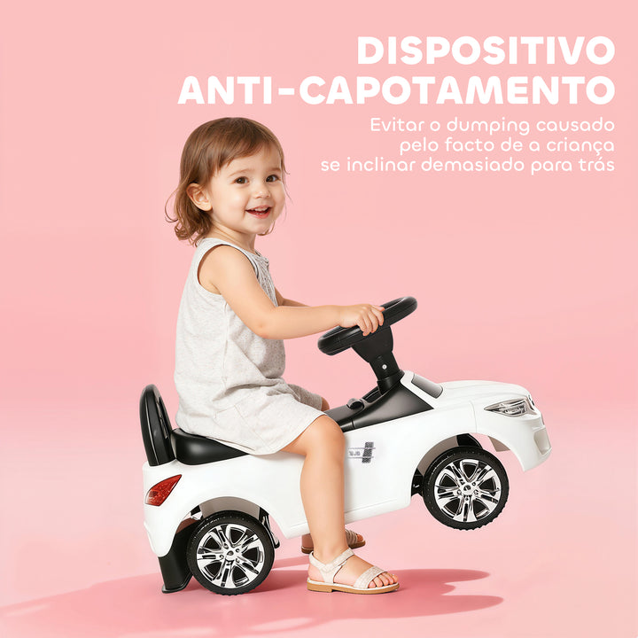 Carro Andador para Crianças de 18-36 Meses com Faróis Música Buzina Volante Compartimento de Armazenamento e Alça para Empurrar 63,5x28x36 Branco
