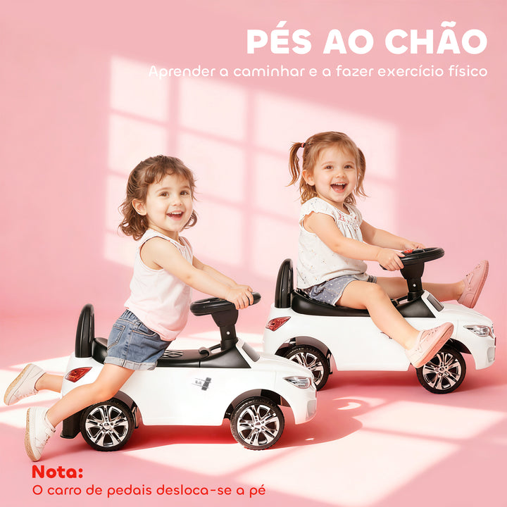 Carro Andador para Crianças de 18-36 Meses com Faróis Música Buzina Volante Compartimento de Armazenamento e Alça para Empurrar 63,5x28x36 Branco