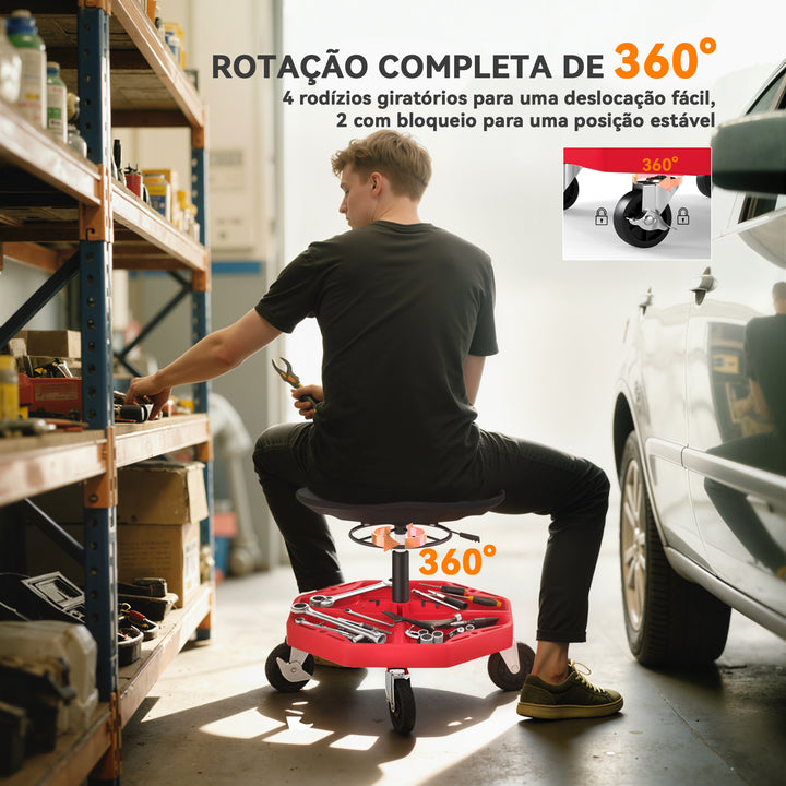 Banco de Oficina Móvel com Bandeja Magnética Altura Ajustável de 52–59,5 cm Carga 135 kg Banco para Mecânico com Rodas para Garagem Reparação de Automóveis Vermelho