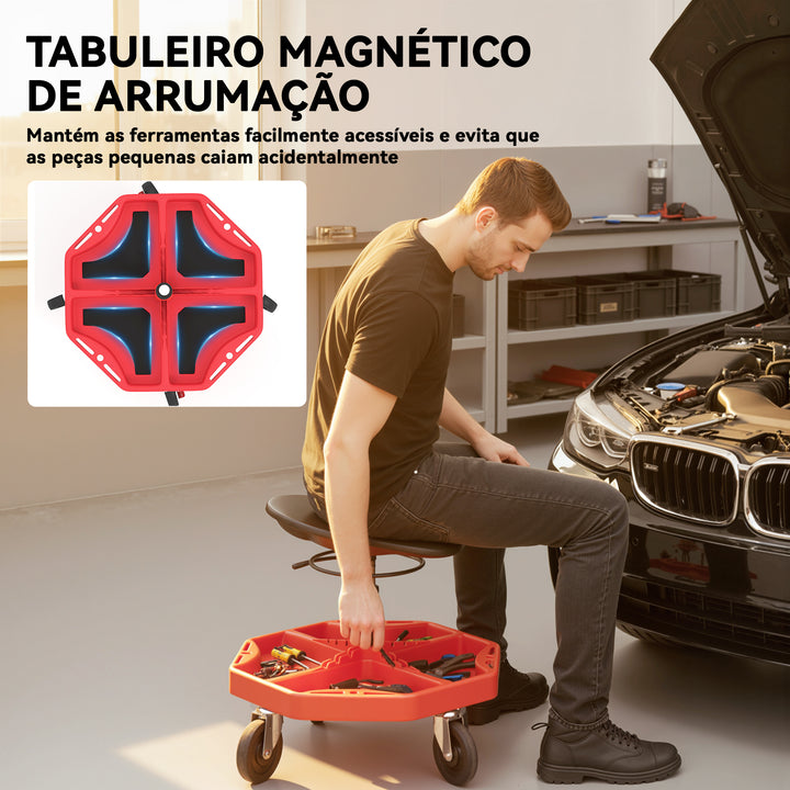 Banco de Oficina Móvel com Bandeja Magnética Altura Ajustável de 52–59,5 cm Carga 135 kg Banco para Mecânico com Rodas para Garagem Reparação de Automóveis Vermelho