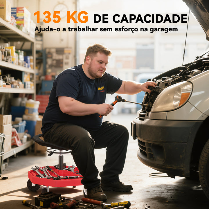Banco de Oficina Móvel com Bandeja Magnética Altura Ajustável de 52–59,5 cm Carga 135 kg Banco para Mecânico com Rodas para Garagem Reparação de Automóveis Vermelho