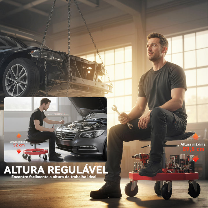 Banco de Oficina Móvel com Bandeja Magnética Altura Ajustável de 52–59,5 cm Carga 135 kg Banco para Mecânico com Rodas para Garagem Reparação de Automóveis Vermelho