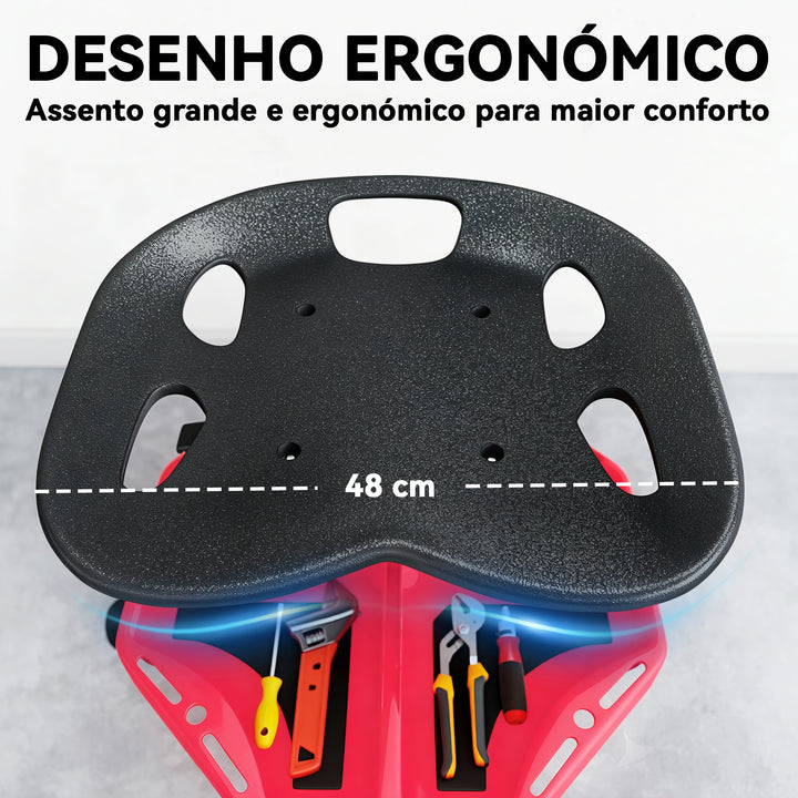 Banco de Oficina Móvel com Bandeja Magnética Altura Ajustável de 52–59,5 cm Carga 135 kg Banco para Mecânico com Rodas para Garagem Reparação de Automóveis Vermelho