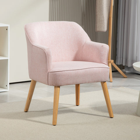 Poltrona Estilo Nórdico Poltrona para Sala de Estar Estofada em Linho com Pés de Madeira para Dormitório Escritório Estúdio Carga 120 kg 64,5x65x79,5 cm Rosa