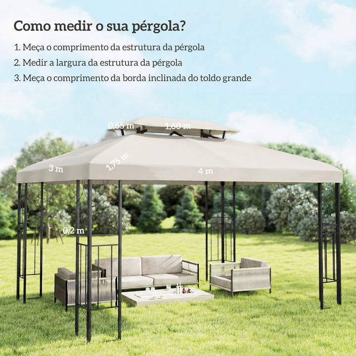 Teto de Substituição para Pérgula 4x3 m com Teto Duplo, 10 Orifícios de Drenagem e Proteção UV, APENAS Toldo de Substituição, Cor Creme