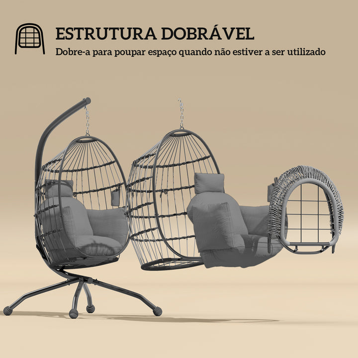 Cadeira Suspensa com Suporte Cadeira Baloiço de Jardim com Cesto Dobrável Almofada e Apoio para a Cabeça Cadeirão Suspenso para Interior e Exterior Carga 120 kg 120x88x192 cm Cinzento