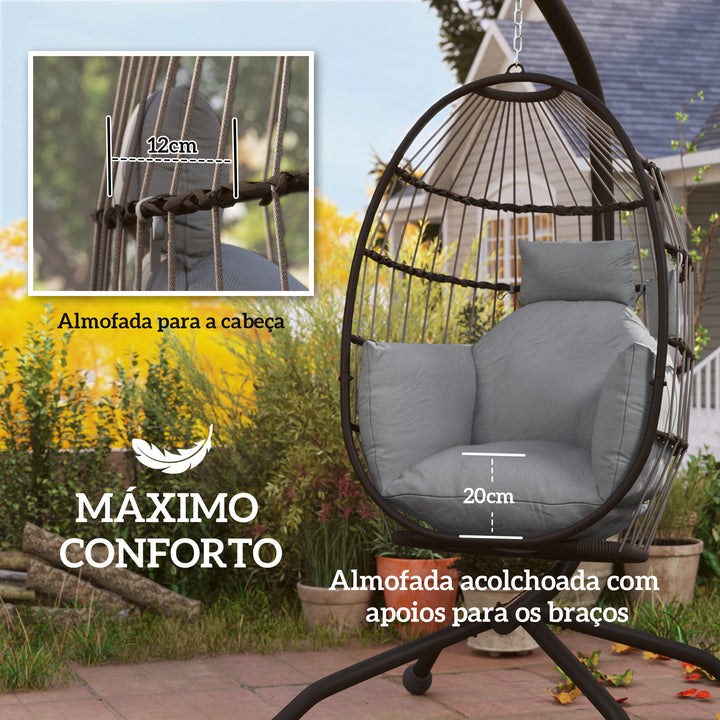 Cadeira Suspensa com Suporte Cadeira Baloiço de Jardim com Cesto Dobrável Almofada e Apoio para a Cabeça Cadeirão Suspenso para Interior e Exterior Carga 120 kg 120x88x192 cm Cinzento