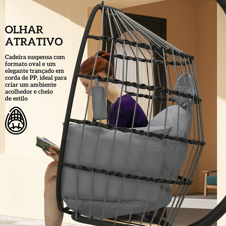 Cadeira Suspensa com Suporte Cadeira Baloiço de Jardim com Cesto Dobrável Almofada e Apoio para a Cabeça Cadeirão Suspenso para Interior e Exterior Carga 120 kg 120x88x192 cm Cinzento