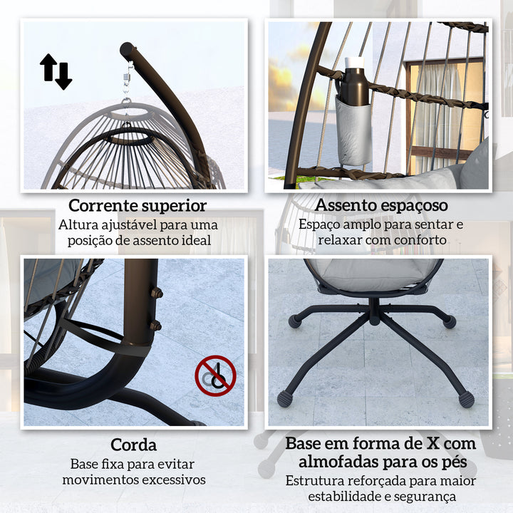 Cadeira Suspensa com Suporte Cadeira Baloiço de Jardim com Cesto Dobrável Almofada e Apoio para a Cabeça Cadeirão Suspenso para Interior e Exterior Carga 120 kg 120x88x192 cm Cinzento
