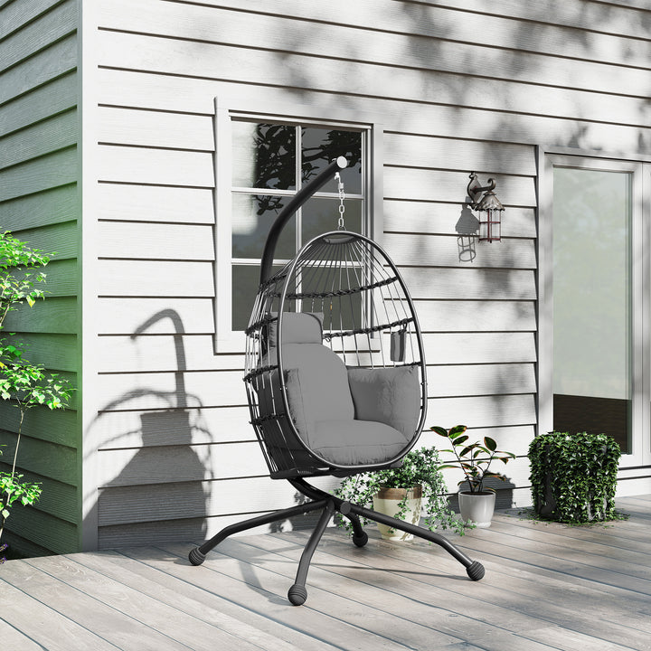 Cadeira Suspensa com Suporte Cadeira Baloiço de Jardim com Cesto Dobrável Almofada e Apoio para a Cabeça Cadeirão Suspenso para Interior e Exterior Carga 120 kg 120x88x192 cm Cinzento