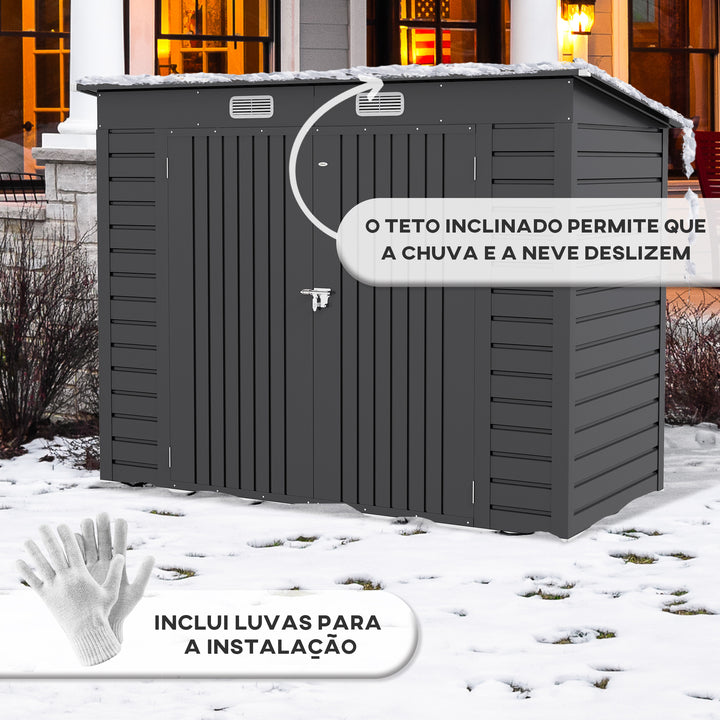 Abrigo de Jardim 2,7m² 249x121x183 cm Abrigo de Exterior com Porta Dupla 2 Ventilaç4oes e Trava Abrigo para Pátio Cinza