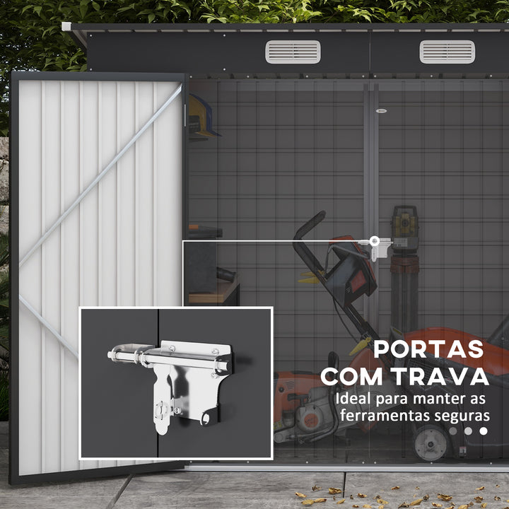 Abrigo de Jardim 2,7m² 249x121x183 cm Abrigo de Exterior com Porta Dupla 2 Ventilaç4oes e Trava Abrigo para Pátio Cinza