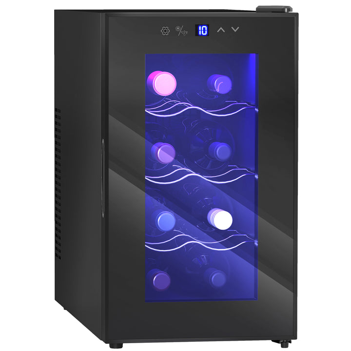 Cave para Vinhos Cave de Vinhos para 8 Garrafas com Refrigeração Termoelétrica Dupla Temperatura Ajustável 8-18? Porta de Vidro Anti-UV Ecrã LED Tátil Luz Interior 26,5x51,5x47,5 cm Preto