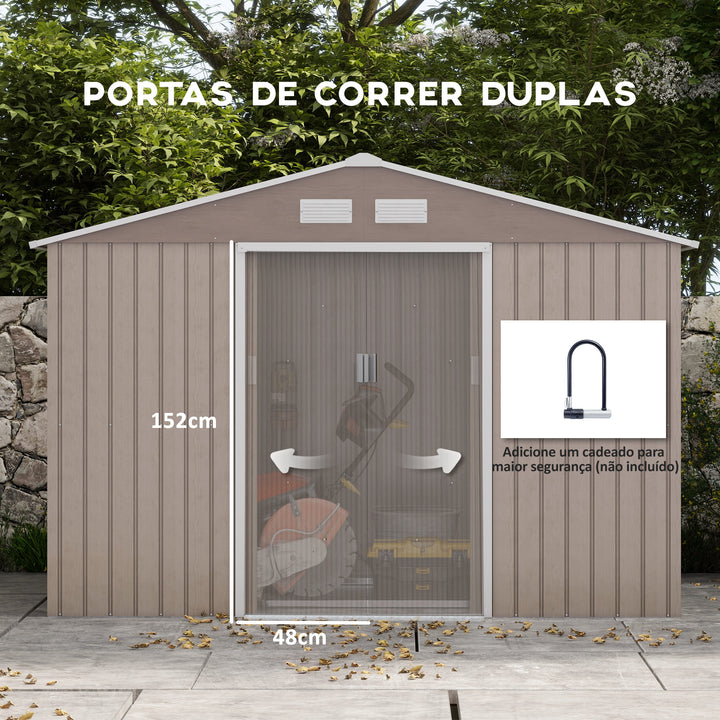 Abrigo de Jardim Exterior Abrigo e Jardim Metálico para Armazenamento de Ferramentas com Base de Reforço Incluída e 4 Janelas 277x195x192 cm Madeira