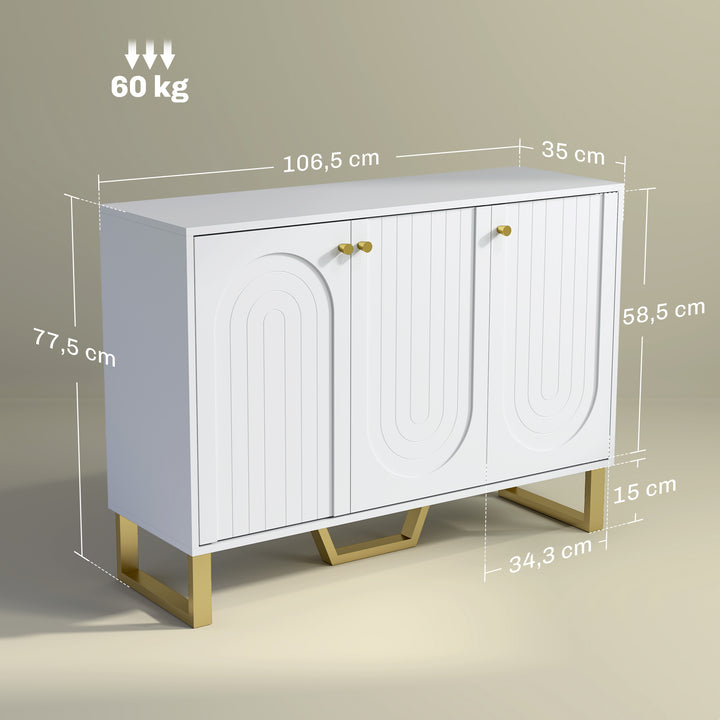 Aparador de 3 Portas Aparador Moderno para Sala de Estar com Prateleiras Ajustáveis e Pés Dourados para Sala de Jantar Entrada Móvel para TV até 50 Polegadas 106,5x35x77,5 cm Branco