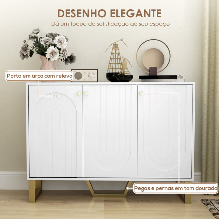 Aparador de 3 Portas Aparador Moderno para Sala de Estar com Prateleiras Ajustáveis e Pés Dourados para Sala de Jantar Entrada Móvel para TV até 50 Polegadas 106,5x35x77,5 cm Branco
