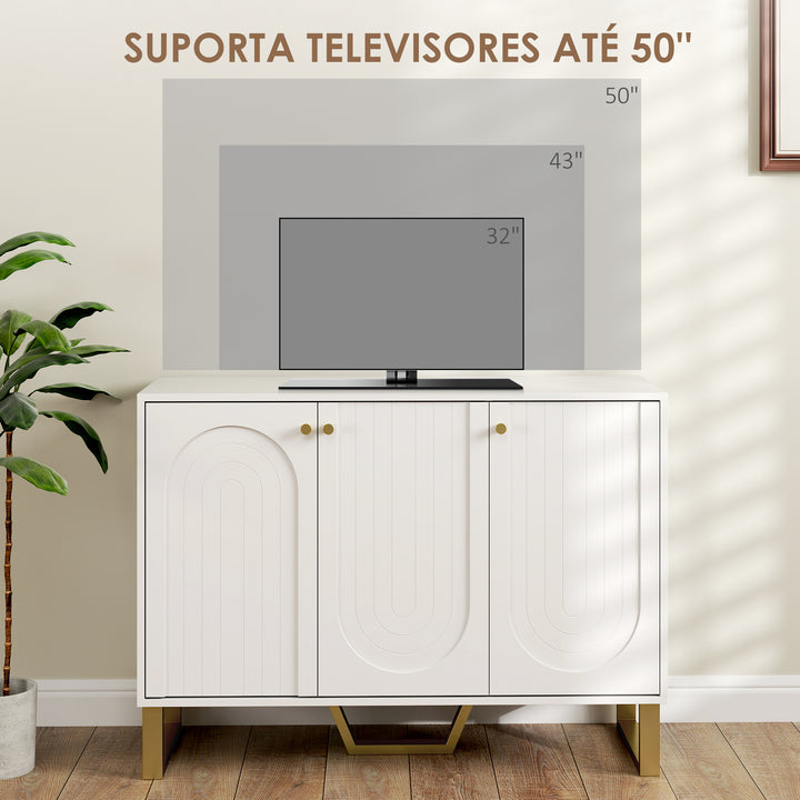 Aparador de 3 Portas Aparador Moderno para Sala de Estar com Prateleiras Ajustáveis e Pés Dourados para Sala de Jantar Entrada Móvel para TV até 50 Polegadas 106,5x35x77,5 cm Branco