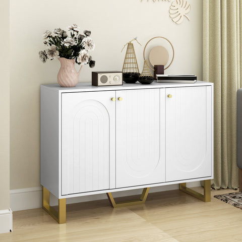 Aparador de 3 Portas Aparador Moderno para Sala de Estar com Prateleiras Ajustáveis e Pés Dourados para Sala de Jantar Entrada Móvel para TV até 50 Polegadas 106,5x35x77,5 cm Branco