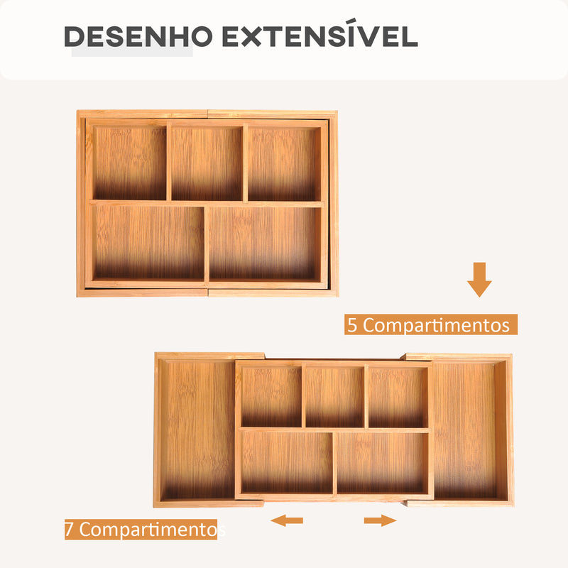 Organizador de Escritório de Bambu Caixa de Armazenamento Extensível com 5-7 Compartimentos para Maquilhagem Escritório Estúdio 24,6-41x17,6x7 cm Madeira