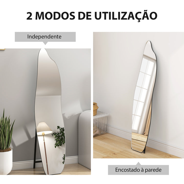 Espelho de Pé 160x40 cm sem Moldura Espelho de Corpo Inteiro Forma Irregular com Suporte Metálico Montagem no Chão ou Apoiado na Parede para Sala Entrada e Quarto Preto