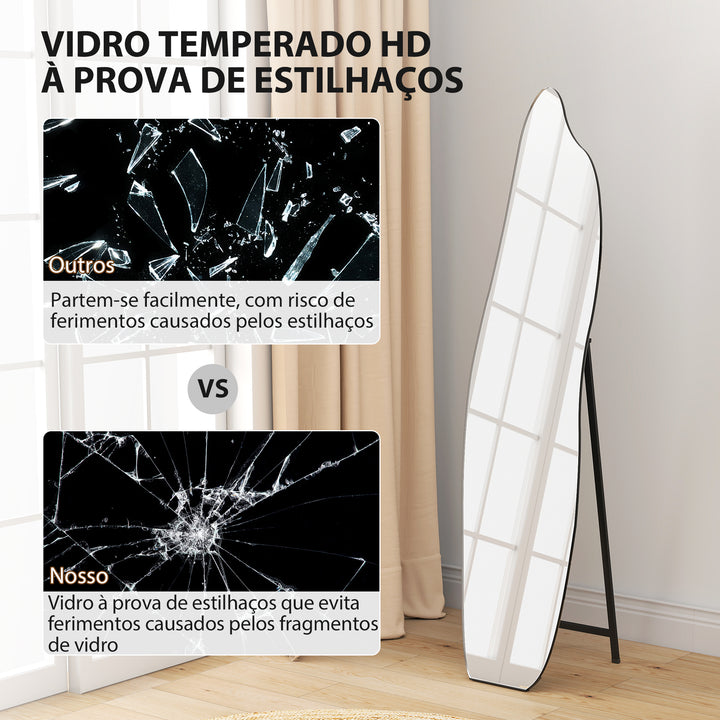Espelho de Pé 160x40 cm sem Moldura Espelho de Corpo Inteiro Forma Irregular com Suporte Metálico Montagem no Chão ou Apoiado na Parede para Sala Entrada e Quarto Preto