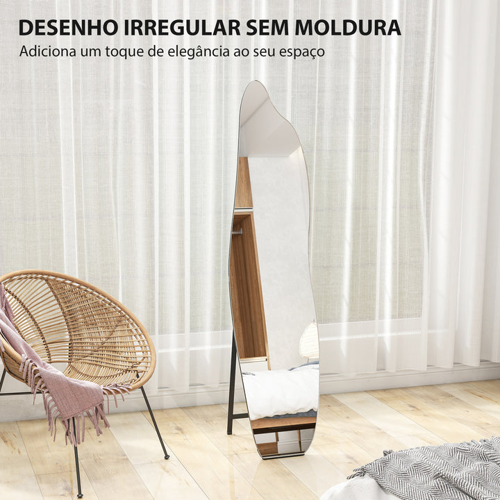 Espelho de Pé 160x40 cm sem Moldura Espelho de Corpo Inteiro Forma Irregular com Suporte Metálico Montagem no Chão ou Apoiado na Parede para Sala Entrada e Quarto Preto