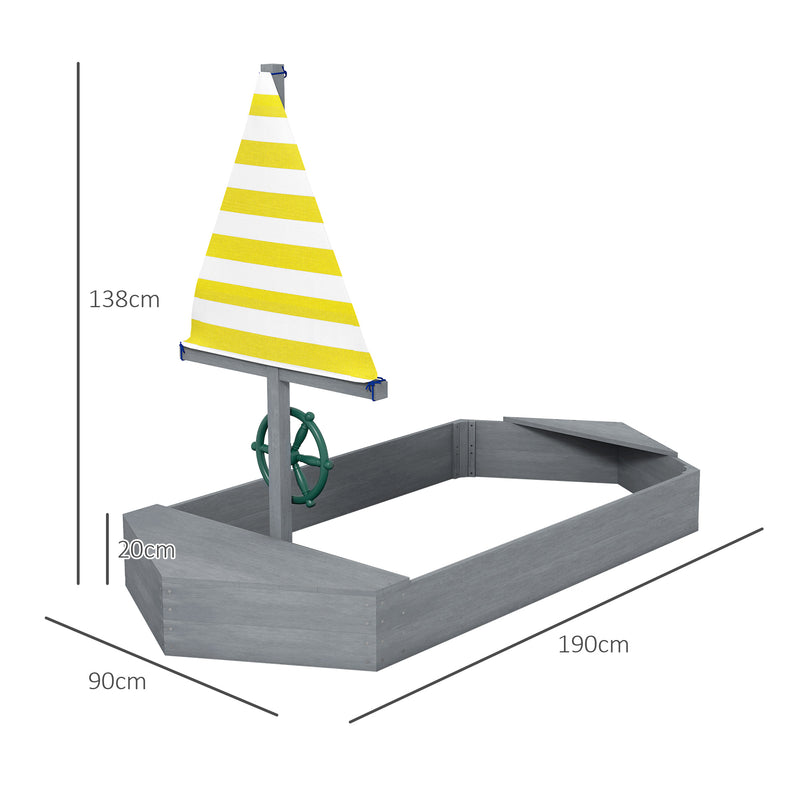 Caixa de Areia para Crianças de Madeira Caixa de Areia Infantil com Bandeira e Leme em Forma de Veleiro para Pátio Jardim 190x90x138 cm Cinza Escuro