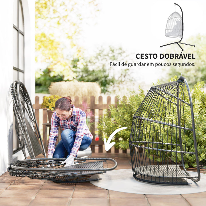 Cadeira Suspensa Tipo Ovo com Estrutura Baloiço de Jardim Exterior com Cesta Dobrável Almofada Anti-UV e Apoio de Cabeça Removível para Interior e Exterior, Suporta 150 kg Cinzento Escuro