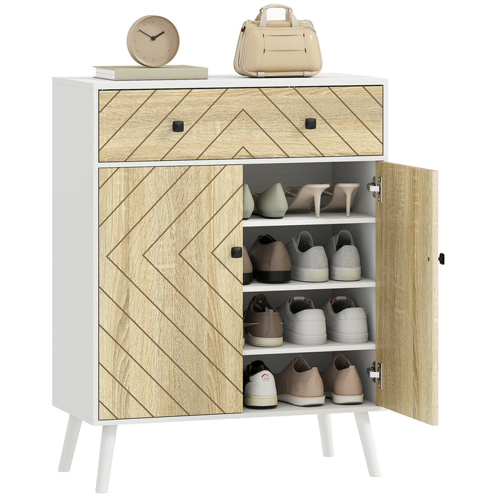 Sapateira de 2 Portas com Design em Espiga Sapateira para Entrada com Prateleiras Ajustáveis Gaveta para 12 Pares de Sapatos 75x35x97 cm Branco e Madeira