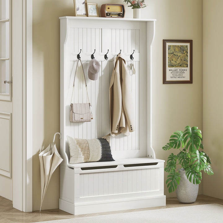 Cabide com banco Conjunto de salão Mobília do salão 5 ganchos espaço de armazenamento 96x34x179,7cm Branco