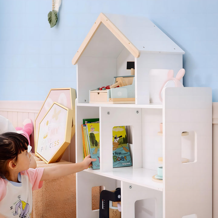 Estante para Crianças Organizador Infantil de 3 Níveis para Brinquedos Carga Máxima 50 kg para Sala de Jogos Dormitório Escola Infantil 65x25x108,5 cm Branco