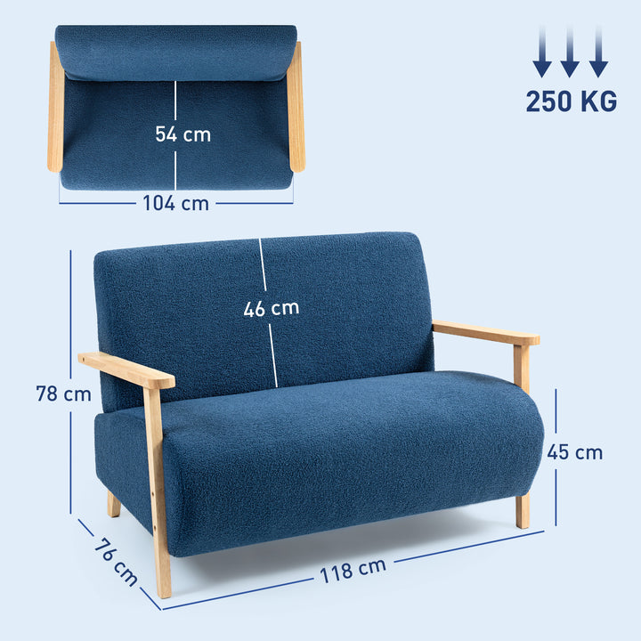 Sofá de 2 Lugares Estofado em Borreguito Sofá de Sala de Estar de 118 cm com Acolchoado Espesso Apoios de Braço e Pés de Madeira para Quarto Sala de Estar 118x76x78 cm Azul