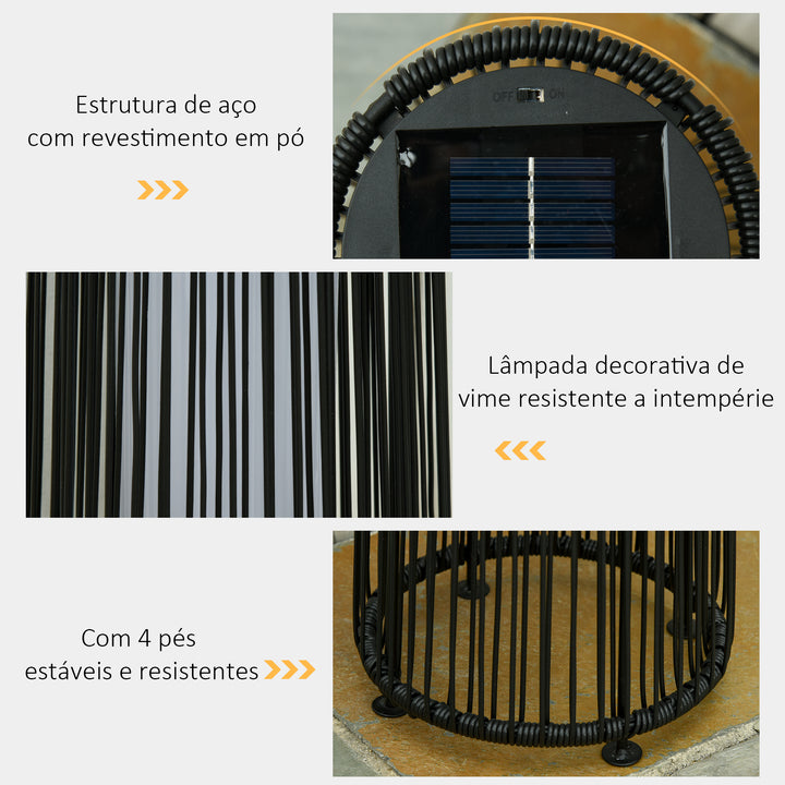 Candeeiro de chão de vime alimentado a energia solar com LED 1,5 W interruptor de controle automático de luz Decoração exterior Ø21,5x61 cm Preto