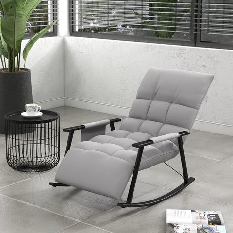 Poltrona Baloiço com Encosto e Apoio para os Pés Ajustáveis Poltrona Baloiço para Sala Estofada em Microfibra com Bolso para Quarto 60x134x70 cm Cinzento