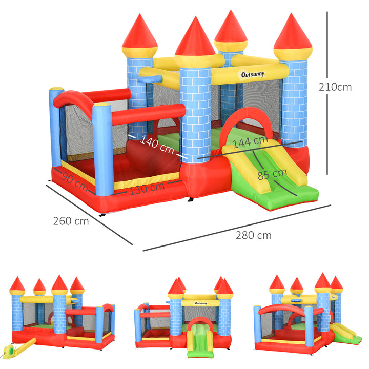 Castelo inflável infantil com escorrega cama de salto insuflador e bolsa de transporte para interior e exterior 300x275x210 cm Multicolor