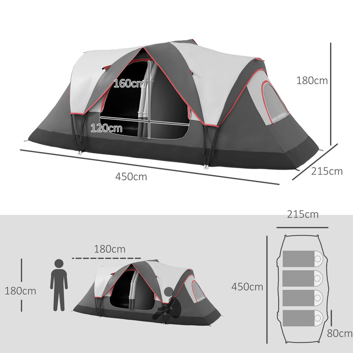 Tenda de Campismo Familiar para 6-8 Pessoas Tenda de Campismo Dobrável com 2 Quartos e Bolsa de Transporte Impermeável para Trekking 450x215x180 cm Cinza