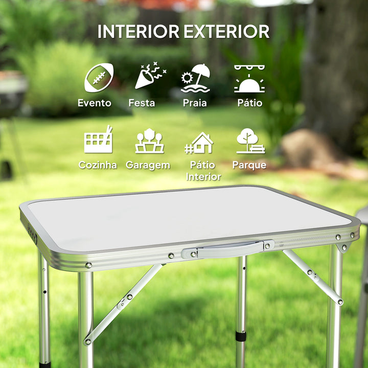Mesa de Campismo Dobrável e Ajustável de 47,5 a 64 cm- Cor: Branco- Alumínio e MDF- 60 x 45 x 64 cm