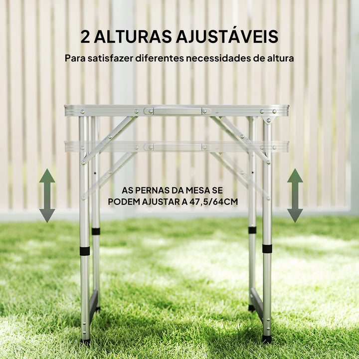 Mesa de Campismo Dobrável e Ajustável de 47,5 a 64 cm- Cor: Branco- Alumínio e MDF- 60 x 45 x 64 cm