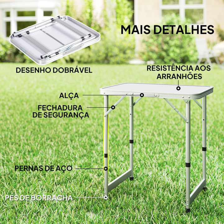 Mesa de Campismo Dobrável e Ajustável de 47,5 a 64 cm- Cor: Branco- Alumínio e MDF- 60 x 45 x 64 cm