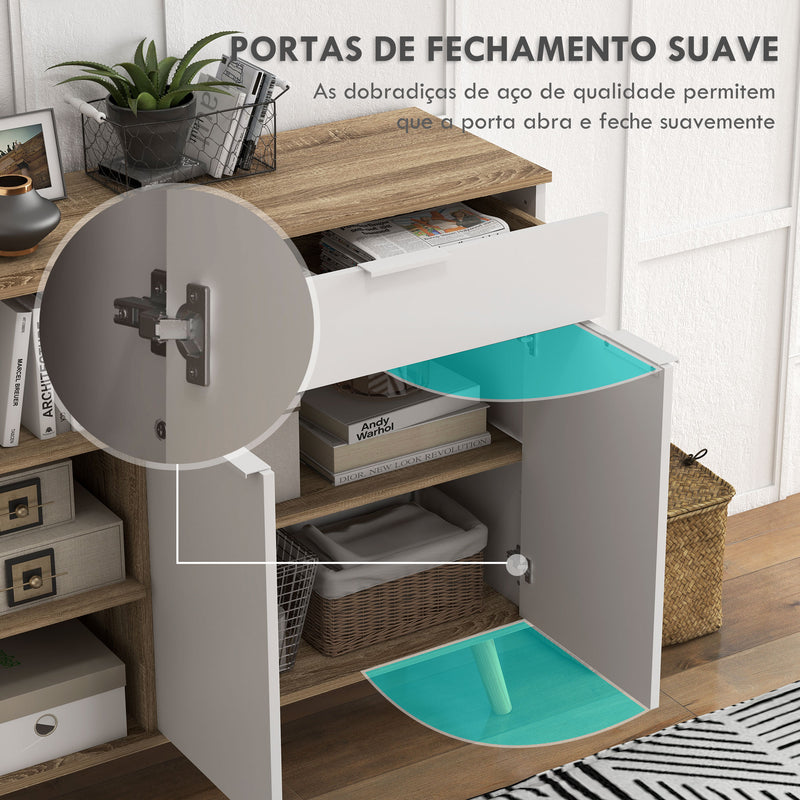 Aparador de Sala de Estar Aparador de Cozinha com 1 Gaveta 2 Portas de Fechamento Suave e Prateleiras Ajustáveis para Sala de Jantar Corredor Dormitório 95x35x85 cm Branco e Madeira