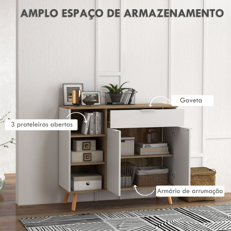 Aparador de Sala de Estar Aparador de Cozinha com 1 Gaveta 2 Portas de Fechamento Suave e Prateleiras Ajustáveis para Sala de Jantar Corredor Dormitório 95x35x85 cm Branco e Madeira