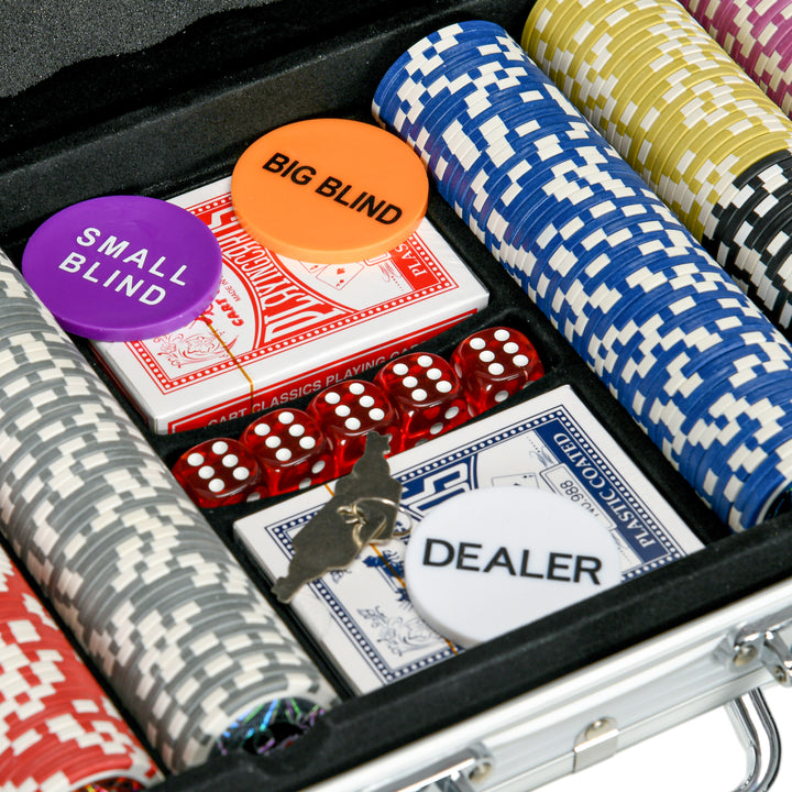 Conjunto de Póquer Profissional Mala de Póquer em Alumínio com 500 Fichas de 11,5 g 2 Baralhos de Cartas 5 Dados Tapete e Botão de Dealer para 9-10 Jogadores com Fechadura Prata