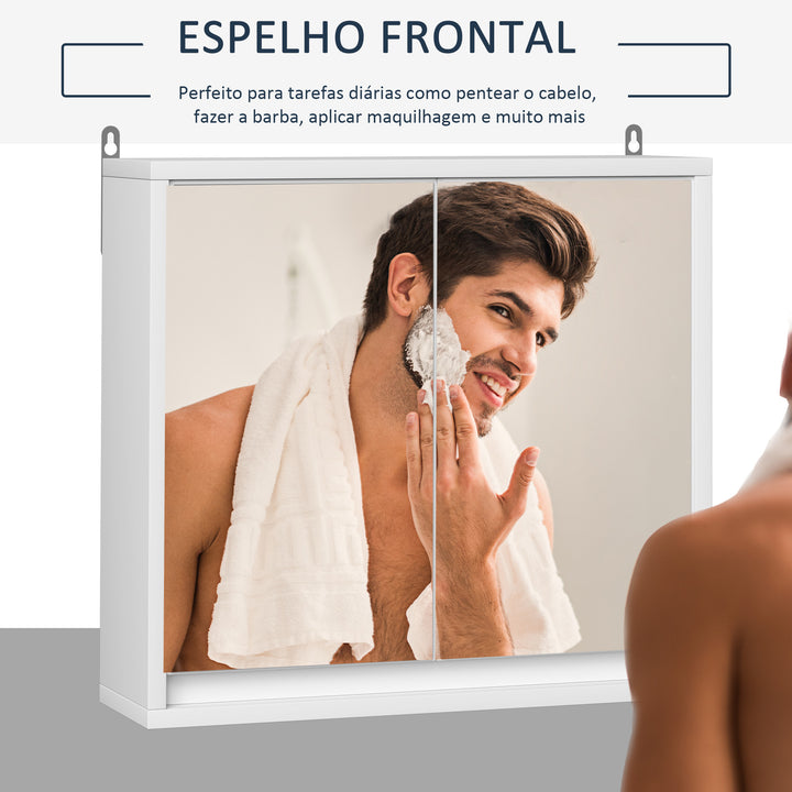 Armário de Casa de Banho com Espelho Móvel Suspenso de Casa de Banho com Prateleira Interior Ajustável em 3 Níveis e 2 Portas 48x14,5x45 cm Branco
